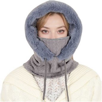 Women's Faux Fur Lined Knit Hooded Scarf with Adjustable Drawstring and Full Coverage