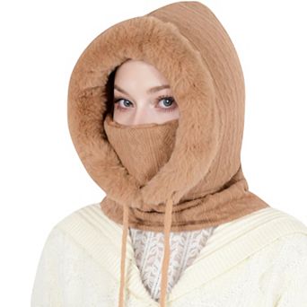 Women's Faux Fur Lined Knit Hooded Scarf with Adjustable Drawstring and Full Coverage