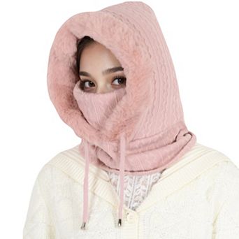 Women's Faux Fur Lined Knit Hooded Scarf with Adjustable Drawstring and Full Coverage