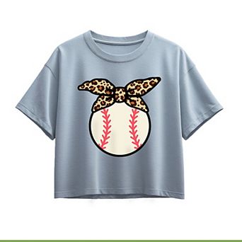 Girls 7-16 Baseball & Leopard Design Boxy Tee