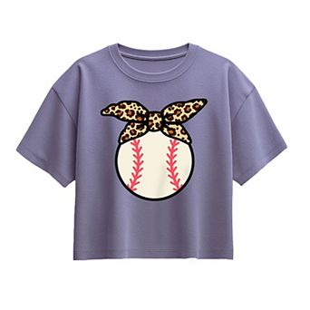 Girls 7-16 Baseball & Leopard Design Boxy Tee