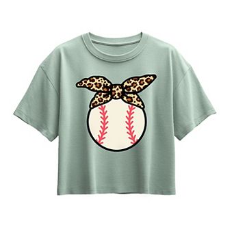 Girls 7-16 Baseball & Leopard Design Boxy Tee