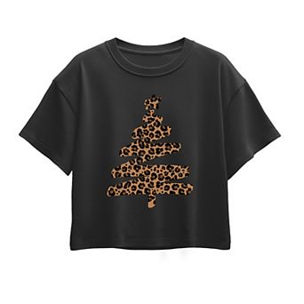 Girls 7-16 Leopard Print Christmas Tree Boxy Tee