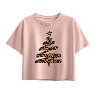 Girls 7-16 Leopard Print Christmas Tree Boxy Tee