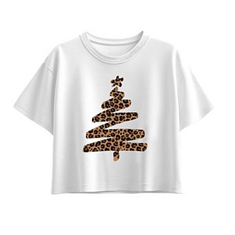 Girls 7-16 Leopard Print Christmas Tree Boxy Tee