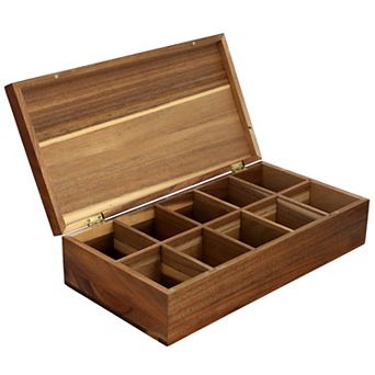 Elama Acacia Wood 14.25 x 7.5 Inch 10 Compartment Tea Box