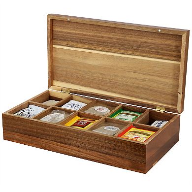 Elama Acacia Wood 14.25 x 7.5 Inch 10 Compartment Tea Box