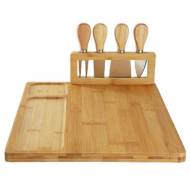 Elama 100% Bamboo Charcuterie and Cheese Board with Knife Stand Attachment and 4 Piece Knife Set