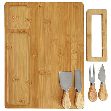 Elama 100% Bamboo Charcuterie and Cheese Board with Knife Stand Attachment and 4 Piece Knife Set
