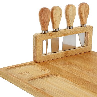 Elama 100% Bamboo Charcuterie and Cheese Board with Knife Stand Attachment and 4 Piece Knife Set