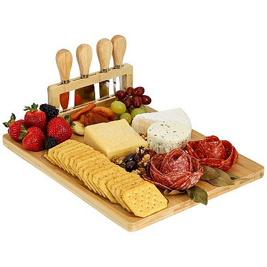 Elama 100% Bamboo Charcuterie and Cheese Board with Knife Stand Attachment and 4 Piece Knife Set
