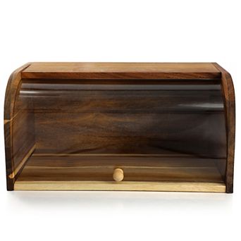 Elama Acacia Wood Bread Box with Sliding Plastic Lid