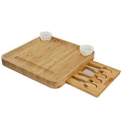 Elama 100% Bamboo Charcuterie Cheese Board Set with Ramekins and Slide Out Cutlery Drawer