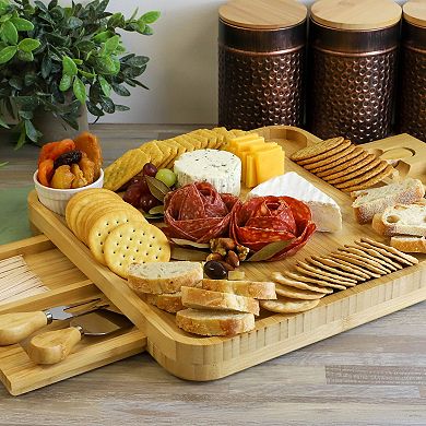 Elama 100% Bamboo Charcuterie Cheese Board Set with Ramekins and Slide Out Cutlery Drawer