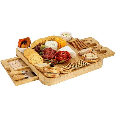 Elama 100% Bamboo Charcuterie Cheese Board Set with Ramekins and Slide Out Cutlery Drawer