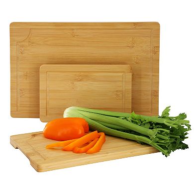 Elama 3 Piece 9 Inch, 12 Inch, and 15 Inch 100% Bamboo Wood Cutting Board Set with Juice Grooves