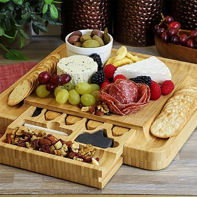 Elama 100% Bamboo Charcuterie Cheese Board, Cheese Utensils, and 3 Piece Mini Chalkboard Set