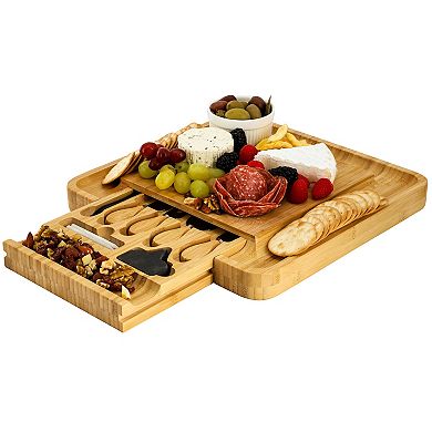 Elama 100% Bamboo Charcuterie Cheese Board, Cheese Utensils, and 3 Piece Mini Chalkboard Set