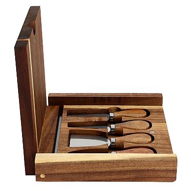 Elama Acacia Wood 5 Piece Square Cheese Board with Knife Set
