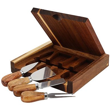 Elama Acacia Wood 5 Piece Square Cheese Board with Knife Set