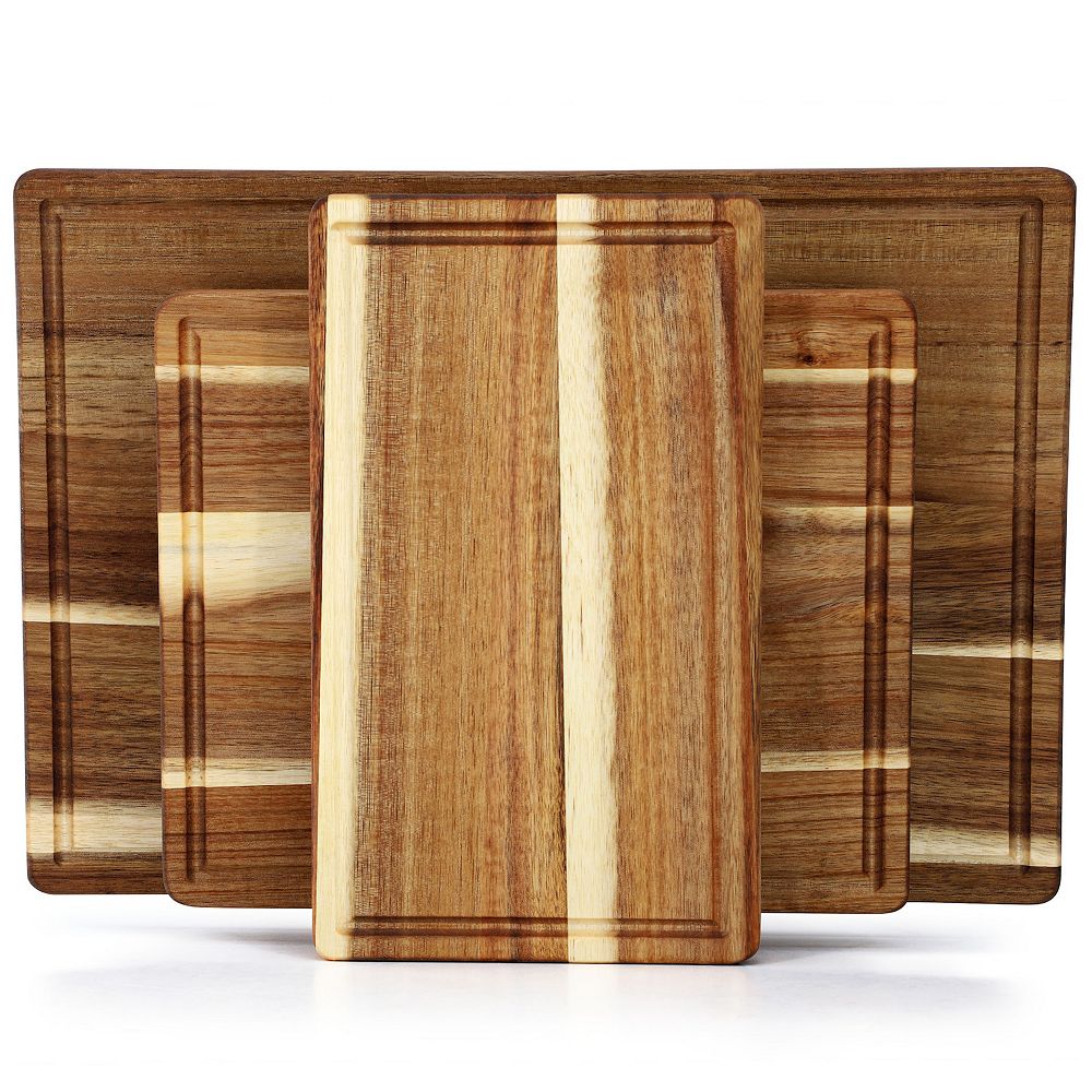 Elama 3 Piece 7 Inch, 10 Inch, and 17 Inch Acacia Wood Cutting Board Set with Juice Grooves