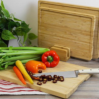 Elama 3 Piece Natural 100% Bamboo Cutting Board Set with Base