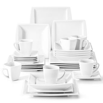 30 pc Porcelain Dinnerware Set for 6, incl. Dinner, Dessert, Soup Plate, Coffee Cup, Saucer