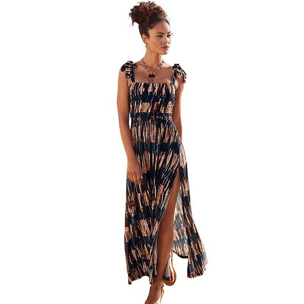 Lascana Women's Tie Strap Slit Maxi Dress - Navy Printed - US 10 (M)