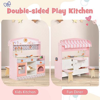 Costway 2 in 1 Kids Play Kitchen & Restaurant Double-Sided Pretend Playset with Canopy