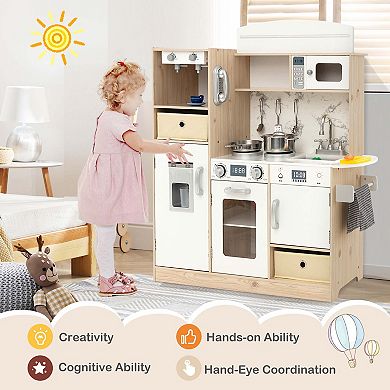 Costway Kids Pretend Play Kitchen Wooden Toy Playset with LED Lighting & Coffee Maker