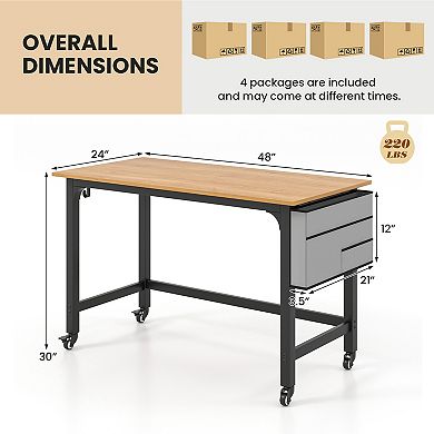 Costway 4 PCS Rolling Computer Desk Metal Frame PC Laptop Table Wood Top Study Workstation