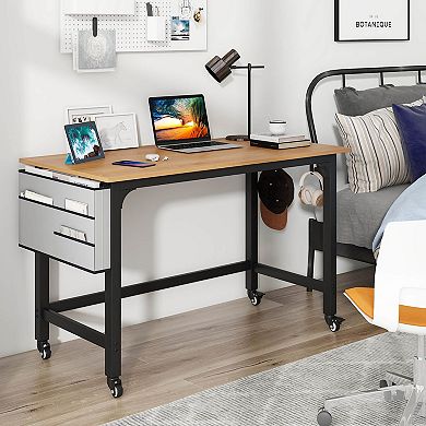 Costway 4 PCS Rolling Computer Desk Metal Frame PC Laptop Table Wood Top Study Workstation