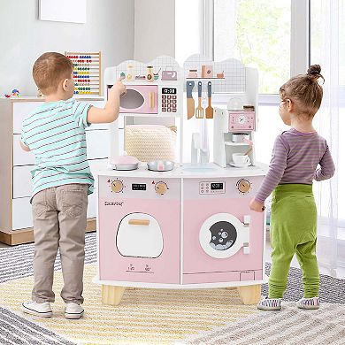 Costway Wooden Kids Kitchen Playset Pretend Play Kitchen with Coffee Maker & Microwave