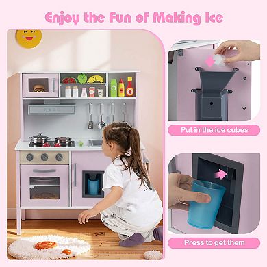 Costway Kids Kitchen Playset Wooden Pretend Play Chef Toy with Microwave & Accessories