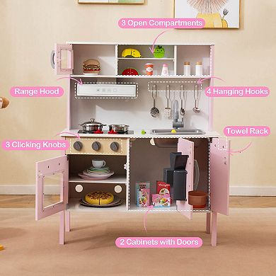 Costway Kids Kitchen Playset Wooden Pretend Play Chef Toy with Microwave & Accessories