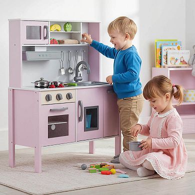 Costway Kids Kitchen Playset Wooden Pretend Play Chef Toy with Microwave & Accessories