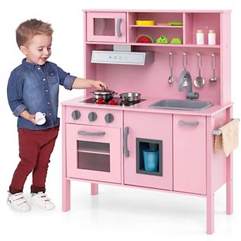 Costway Kids Kitchen Playset Wooden Pretend Play Chef Toy with Microwave & Accessories