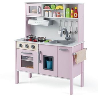 Costway Kids Kitchen Playset Wooden Pretend Play Chef Toy with Microwave & Accessories