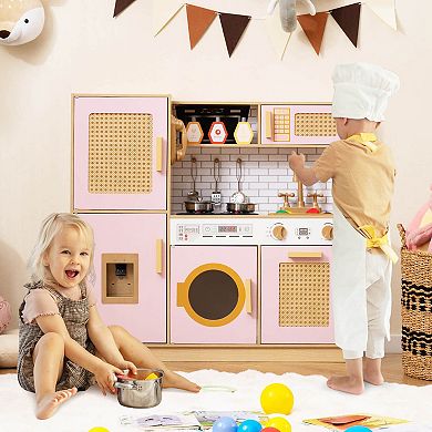 Costway Wooden Kids Kitchen Playset Pretend Play Kitchen with Real Sounds Lights