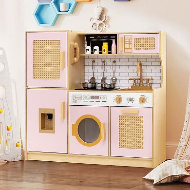 Costway Wooden Kids Kitchen Playset Pretend Play Kitchen with Real Sounds Lights