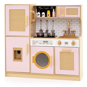 Costway Wooden Kids Kitchen Playset Pretend Play Kitchen with Real Sounds Lights