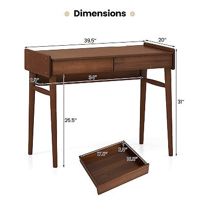 Costway Bamboo Writing Desk 39.5" Computer Study Desk with 2 Storage Drawers & Open Shelf