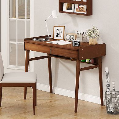 Costway Bamboo Writing Desk 39.5" Computer Study Desk with 2 Storage Drawers & Open Shelf