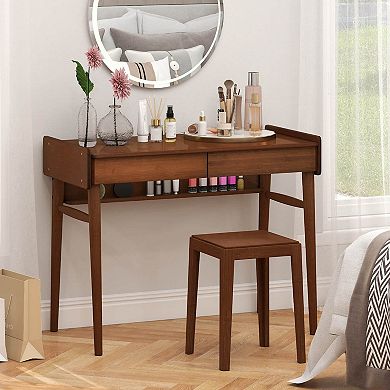 Costway Bamboo Writing Desk 39.5" Computer Study Desk with 2 Storage Drawers & Open Shelf