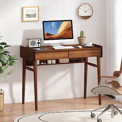 Costway Bamboo Writing Desk 39.5" Computer Study Desk with 2 Storage Drawers & Open Shelf