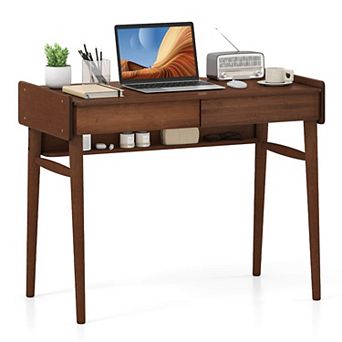 Costway Bamboo Writing Desk 39.5" Computer Study Desk with 2 Storage Drawers & Open Shelf