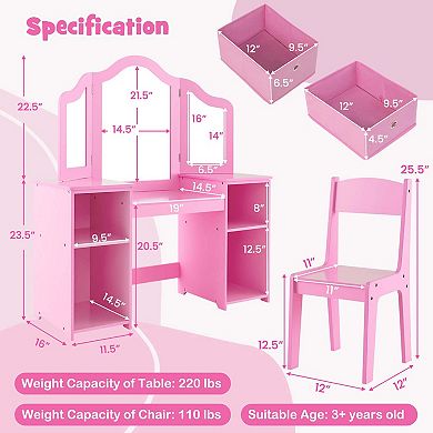 Costway Kids Vanity Table & Chair Set 2-in-1 Princess Pretend Play Makeup Vanity Set