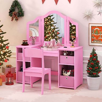 Costway Kids Vanity Table & Chair Set 2-in-1 Princess Pretend Play Makeup Vanity Set