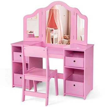 Costway Kids Vanity Table & Chair Set 2-in-1 Princess Pretend Play Makeup Vanity Set