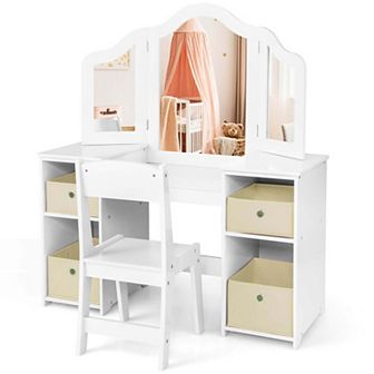 Costway Kids Vanity Table & Chair Set 2-in-1 Princess Pretend Play Makeup Vanity Set